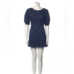Love Shack Fancy Womens Cotton Round Neck Floral Mini Puff Sleeve Dress Blue S